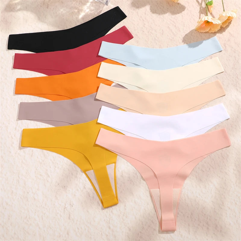 FINETOO 3PCS Women Ice Silk Seamless Underpants Panties Sexy V-Waist Sport Thongs Low Rise 10 Soild Colours Breathable G-string