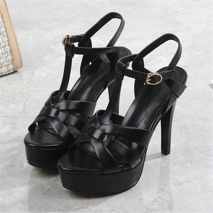 Summer Sexy Soft Leather Platform Sandals Women High Heels T-Buckle Party Pumps Black Stiletto Open Toe Ladies Dress Shoes