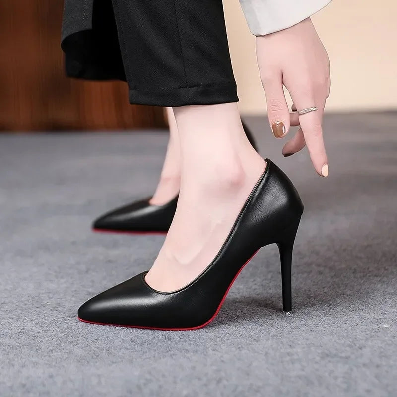 Sexy Fashion Women's Soft Leather Pumps Spring New Thin High Heels 2024 New Dress Shoes Ladies Stiletto Black Big Size