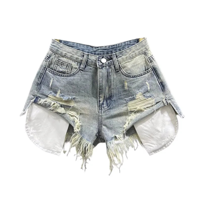 Vintage Blue Sexy Ripped Jeans for Women Patchwork A-line High-waisted Denim Ultra Shorts