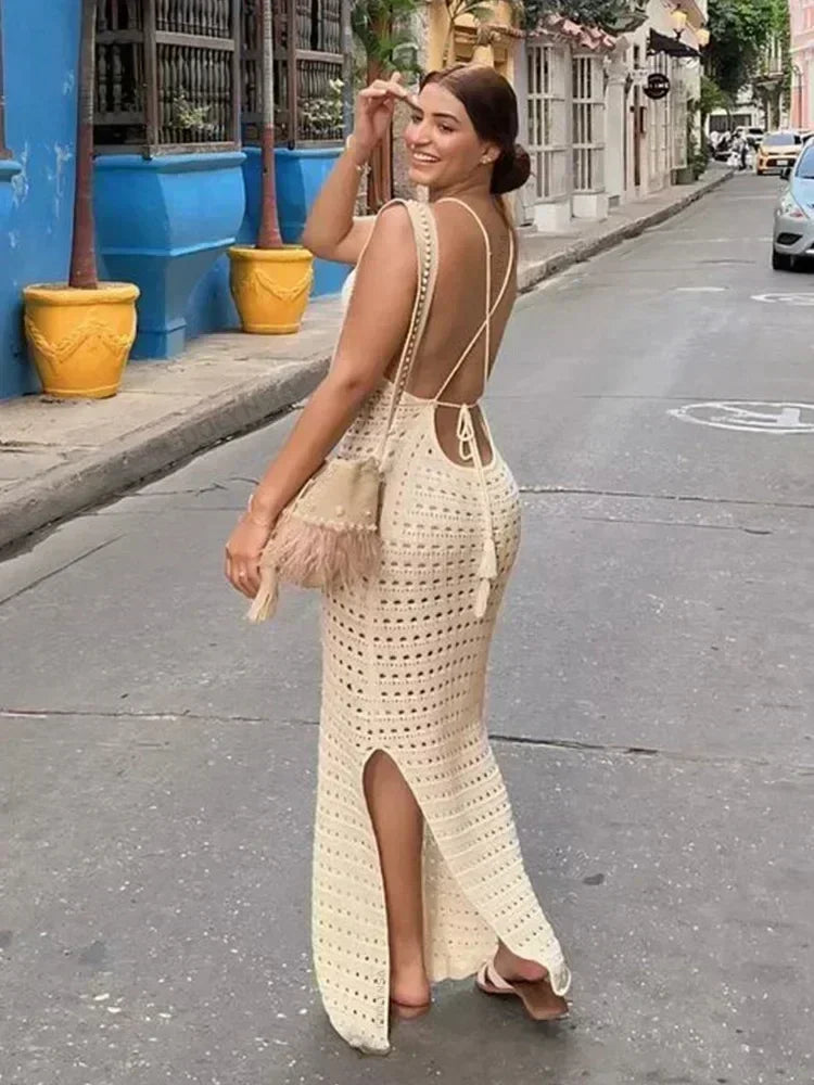 Sexy Knit Cut Out Tassel Spaghetti Strap Bodycon Beach Maxi Dress Summer Women's Holiday Club Party Outfit Swimsuit Cover Up K10