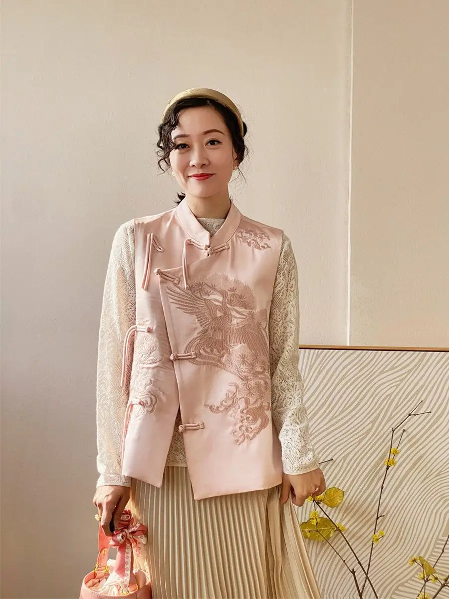 Chinese Style Top Women Tang Clothes Embroidery Phoenix Flower Qipao Lady Mandarin Collar Vest Vintage Clothing Casual Wear