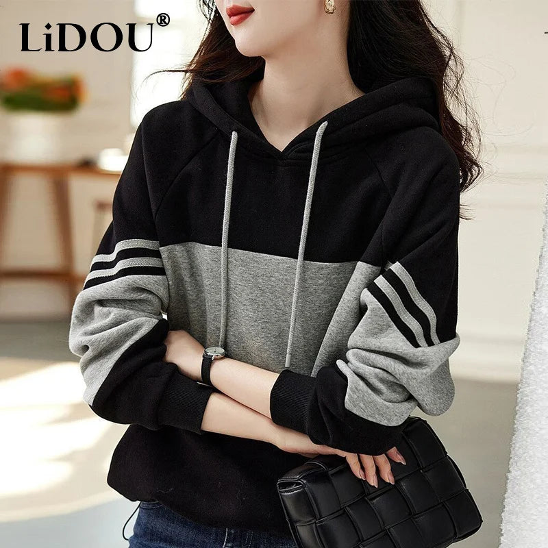 Autumn Winter Loose Casual Patchwork Hoodies Ladies Simple Fashion All-match Pullover Top Women Hooded Sweatshirt Female Clothes