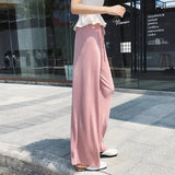 Women Fashion Summer Wide Leg Pants Pleated Ice Silk Trousers Elastic Waist Loose Casual Pants