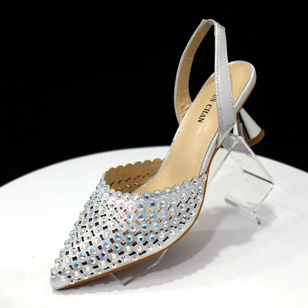 Venus Chan High Heels for Lady Luxury Designer Green Color Full Diamond Pointed Toe Wedding Shoe and Bag Set for Party