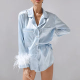 Women 2PCS Pajamas Set Plain/Patchwork Long Sleeve Feather Cuffs Shirts Tops + Short Pants Loose Sleep/Home Wear Clothes