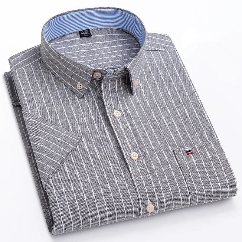 100% Cotton Men Oxford Shirt Short Sleeve Summer Plaid Striped Male Clothes Business Regular Fit Dress Shirt Oversized