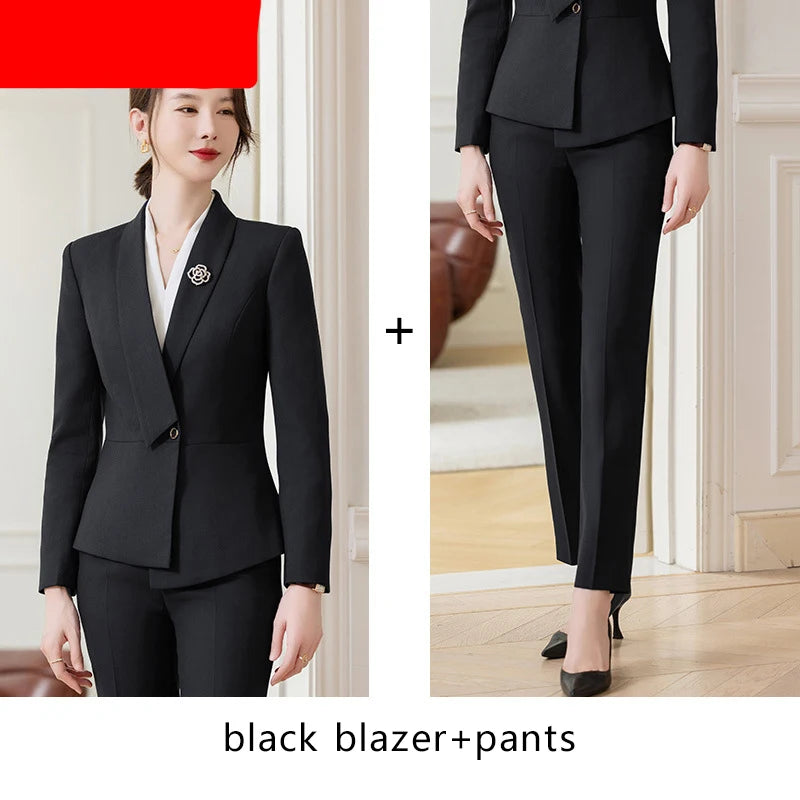 Formal Work Pants Suits Women New Korean Office Ladies Solid Slim Long Sleeve Blazer Pencil Pants Two Piece Set