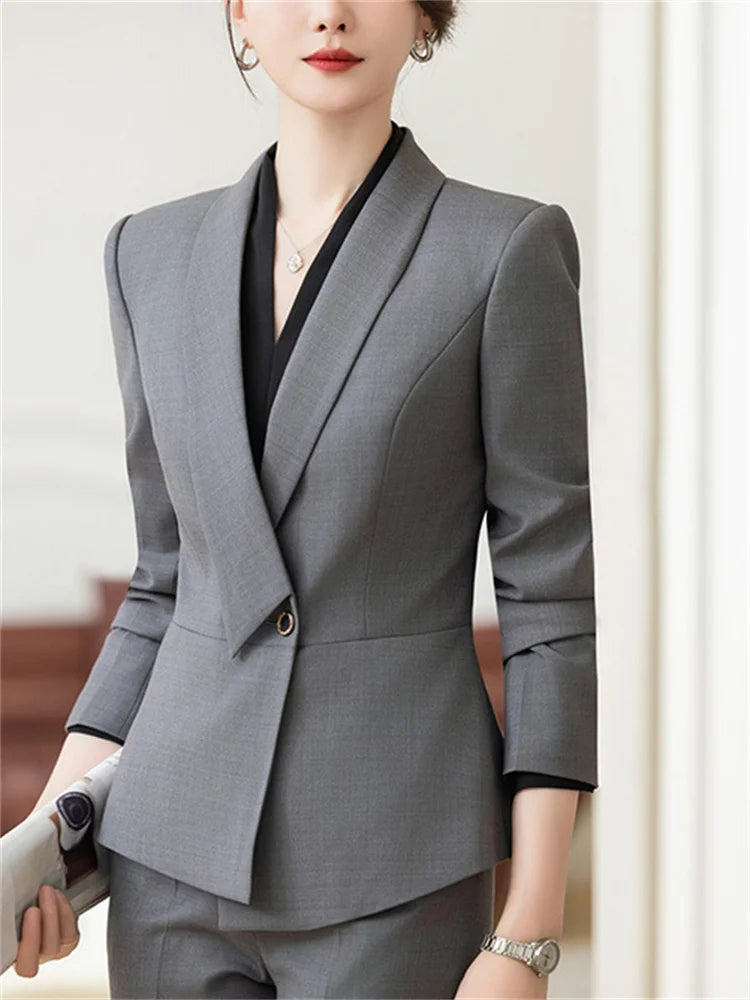 Formal Work Pants Suits Women New Korean Office Ladies Solid Slim Long Sleeve Blazer Pencil Pants Two Piece Set