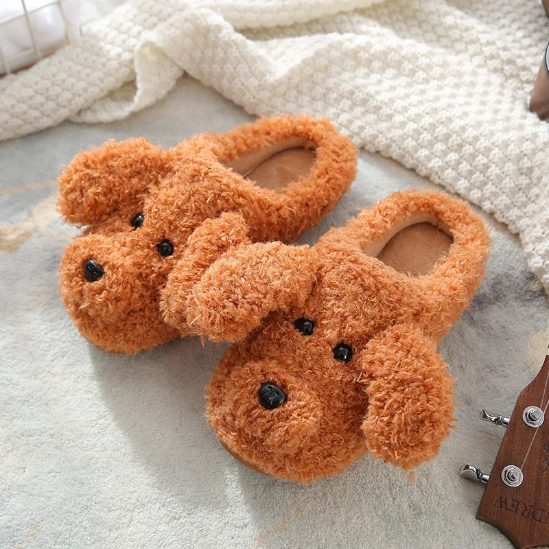 Comwarm Cute Dog Short Plush Slippers For Women Winter Warm Furry Cotton Shoes Couples Home Indoor Bedroom Cozy Slippers