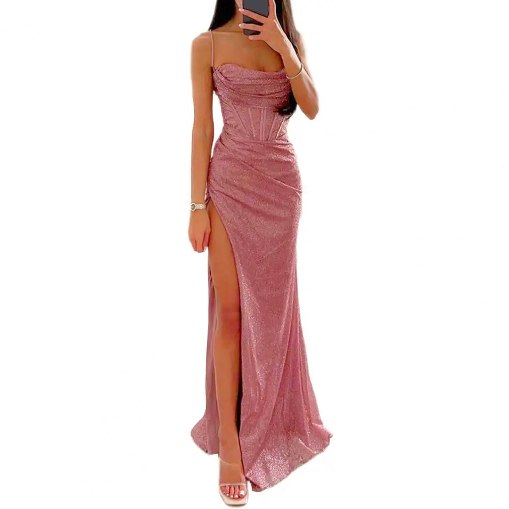 Woman Spring Summer Bodycon Dress Sexy Shiny Sequins Spaghetti Strap Split High Waist Dress Lady Prom Dress Evening Dresses