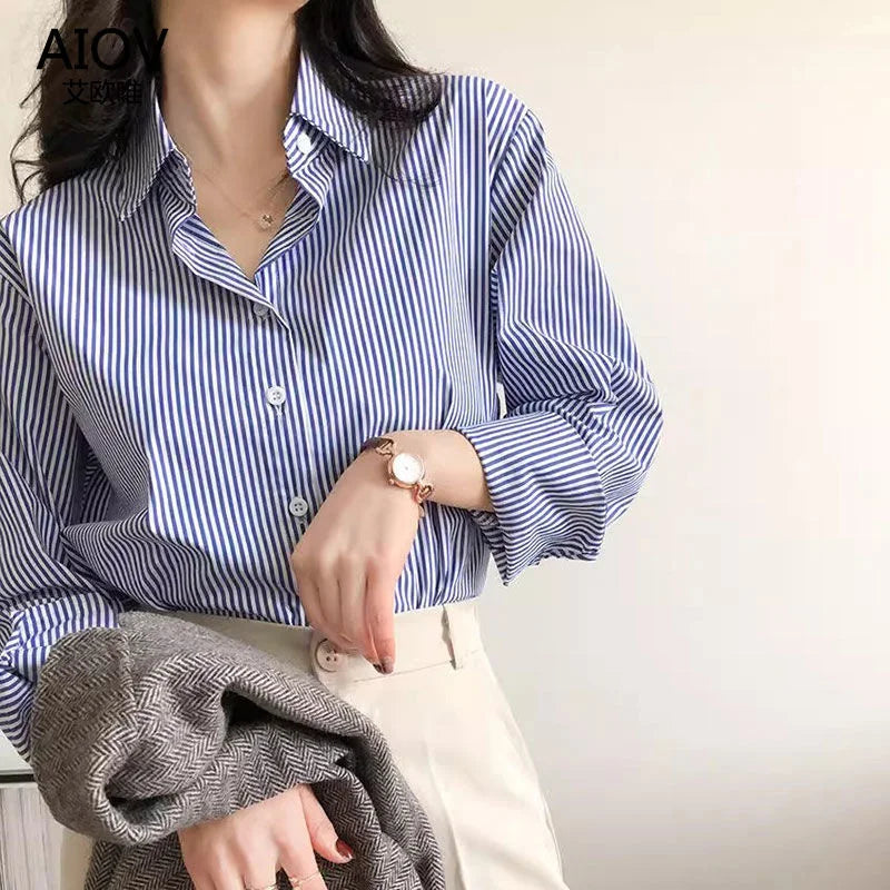 Classic Striped Woman Spring Autumn Blouses Shirt Lady Long Lantern Sleeve Stand Collar Loose Blusas Tops