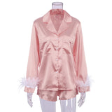 Women 2PCS Pajamas Set Plain/Patchwork Long Sleeve Feather Cuffs Shirts Tops + Short Pants Loose Sleep/Home Wear Clothes