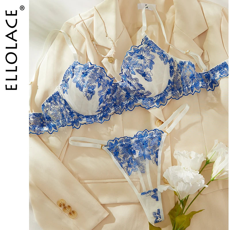 Ellolace Floral lingerie Exotic Sets Bra Kit Push Up Lace Embroidery Intimate Goods See Through Exotic Sets Tulle Underwear