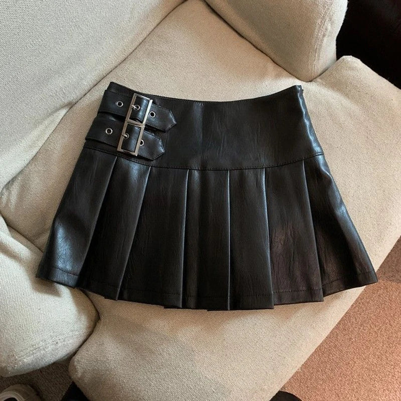 Leather Mini Skirts Women Streetwear High Waist Pleated Skirt Vintage Korean Black Slim Casual A Line Skirts