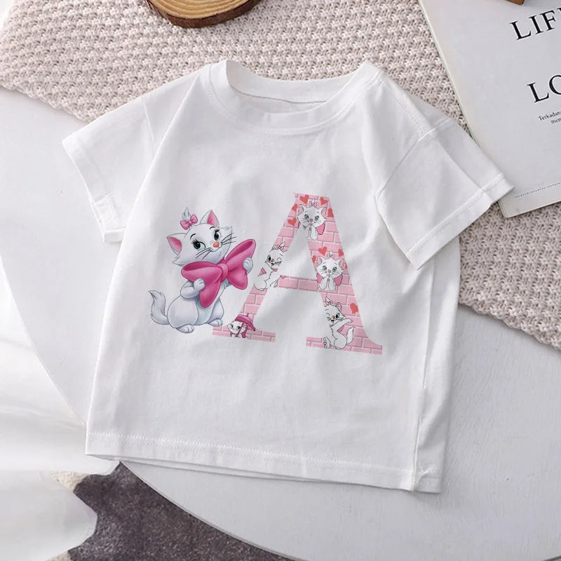 The Aristocats Marie Children T Shirt Cat Letter A-Z for Girl Clothes Cartoons Kid Boy T-shirts Casual Clothing Short Sleeve Top