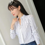 Women White Tops Blouses Fashion Stripe Print Casual Long Sleeve Office Lady OL Shirts Slim Blusas