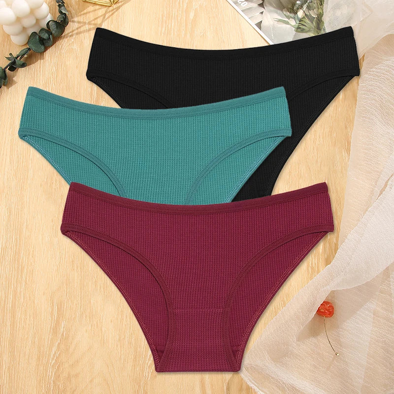 FINETOO 3Pcs/set Women Waffle Cotton Panties S-XL Women's Low-Rise Comfortable Briefs Female Soft Underwear Ladies Underpants