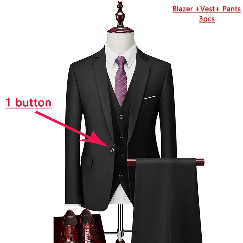 ( Jacket + Vest+Pants ) High-end Brand Formal Business Mens Suit Three-piece Groom Wedding Dress Solid Color Suit