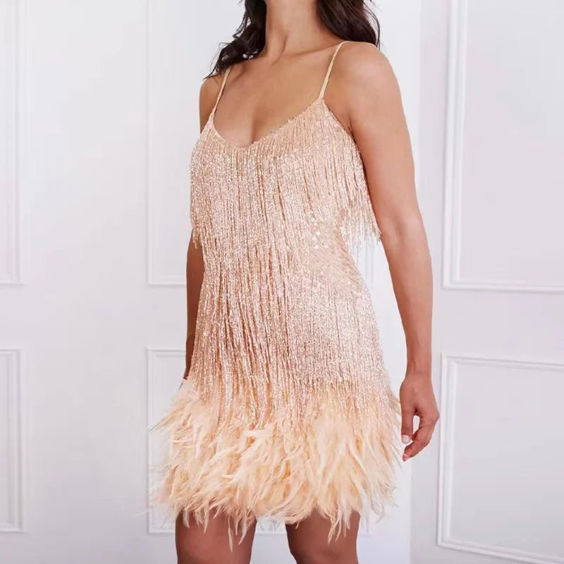 New Sexy Tassel Sequins Feather Mini Dress Women Spaghetti Strap Stitching Dresses Female Elegant Evening Party Club Dress