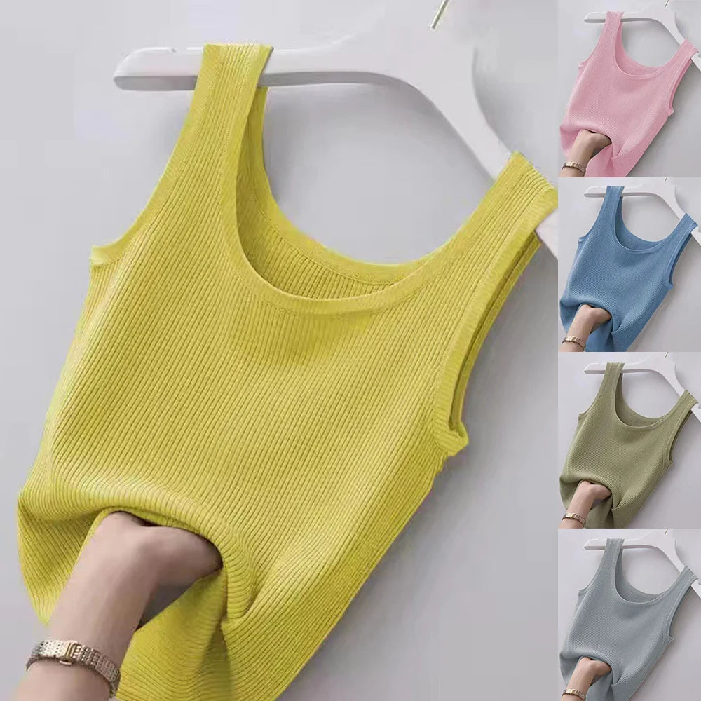 Summer Women Knit Vest Top Plain Tees Tank Top Sleeveless O Neck Women Camisole PureColor T-shirt Slim Tank Top Cropped Feminino