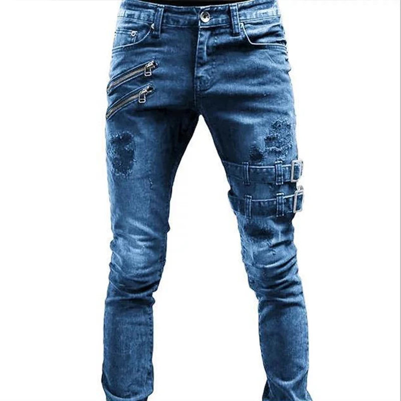 Street Skinny Ripped Jeans Men Denim Cargo Pants Wash Solid Color Casual Mid Waist Trousers Slim Daily Wear Joggers Y2K Clothing