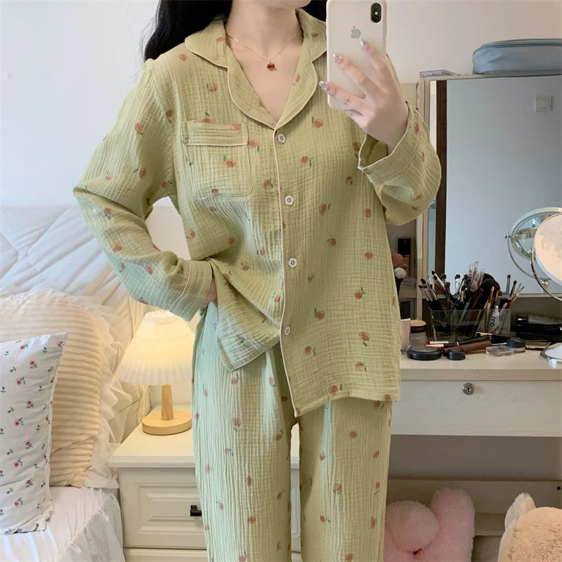 New Women Sweet Pyjamas Sets Ladies Long Sleeve Green Casual Sleepwear Pajamas Set Women Turn-down Neck and Button Homewear