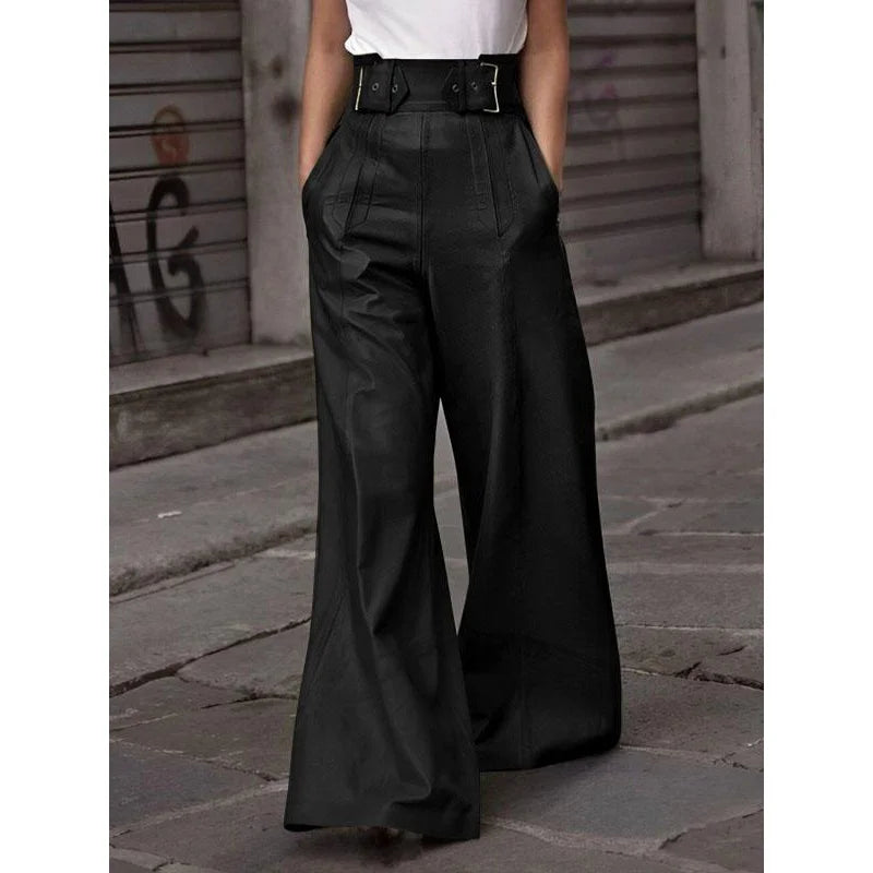 Modigirl Autumn Winter Women's Faux Pu Long Pants High Waisted Loose Pleated Pockets Streetwear Female Wide Leg Trousers