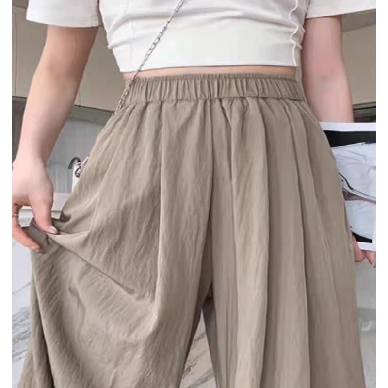 Ice Silk Wide-leg Pants for Women in Summer Thin High Waist Drape Loose Lazy Style Large Size Straight Casual Women's Pants