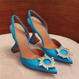 2024 Bow Rhinestone High Heels Sunflower Silk Pointed Party Sandals For Women Wedding Shoes