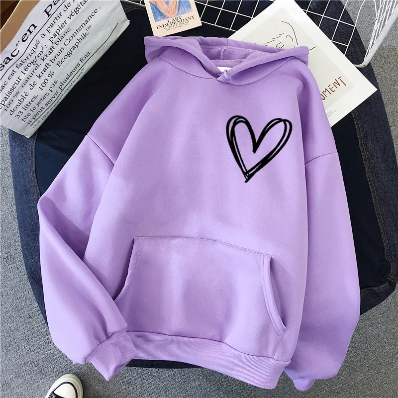 Simplic Heart Print Women Sweatshirt Soft Casual Loose Vintage Female Hoodies Winter Warm Fleece Student Tops