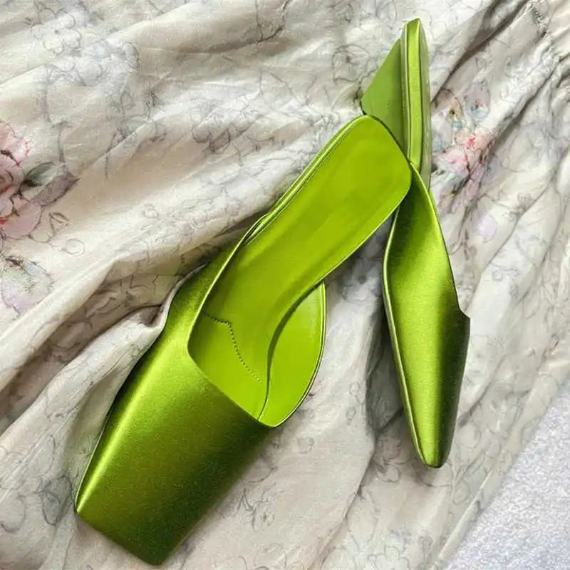 Luxury Satin Design Mules Shoes for Women Summer Sexy Square Head Strange Low Heel Slide Sandals Elegant Comfort Dress Slippers