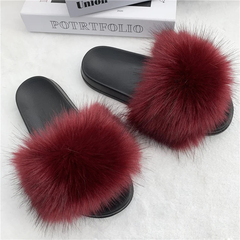 Summer Faux Fur Slippers Women Indoor Furry Fur Slides Female Plush Flip Flops Flats Sandals Casual Fluffy Slipper House Shoes