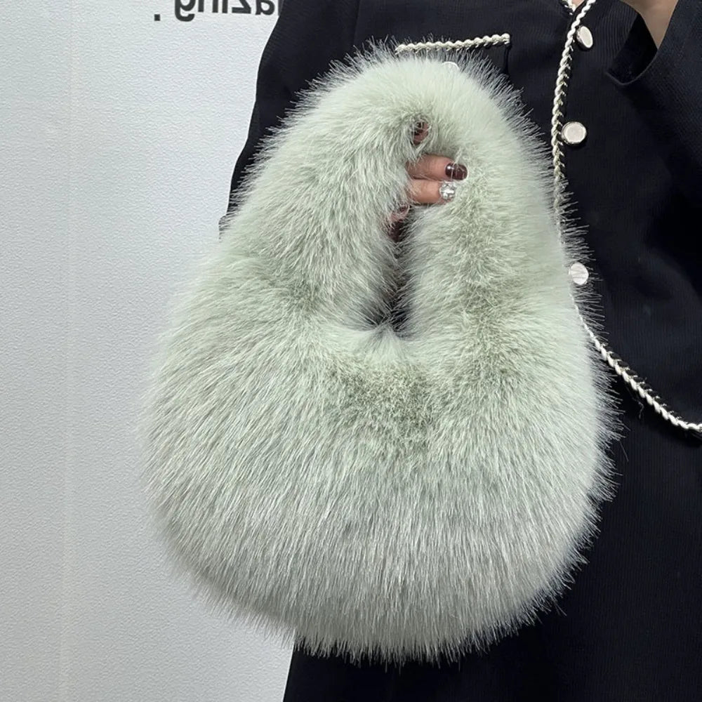 Luxury Soft Plush Half Moon Bag Faux Fur Fluffy Lady Handbags Female Winter Purse Party Clutch Bag Casual Tote Bag