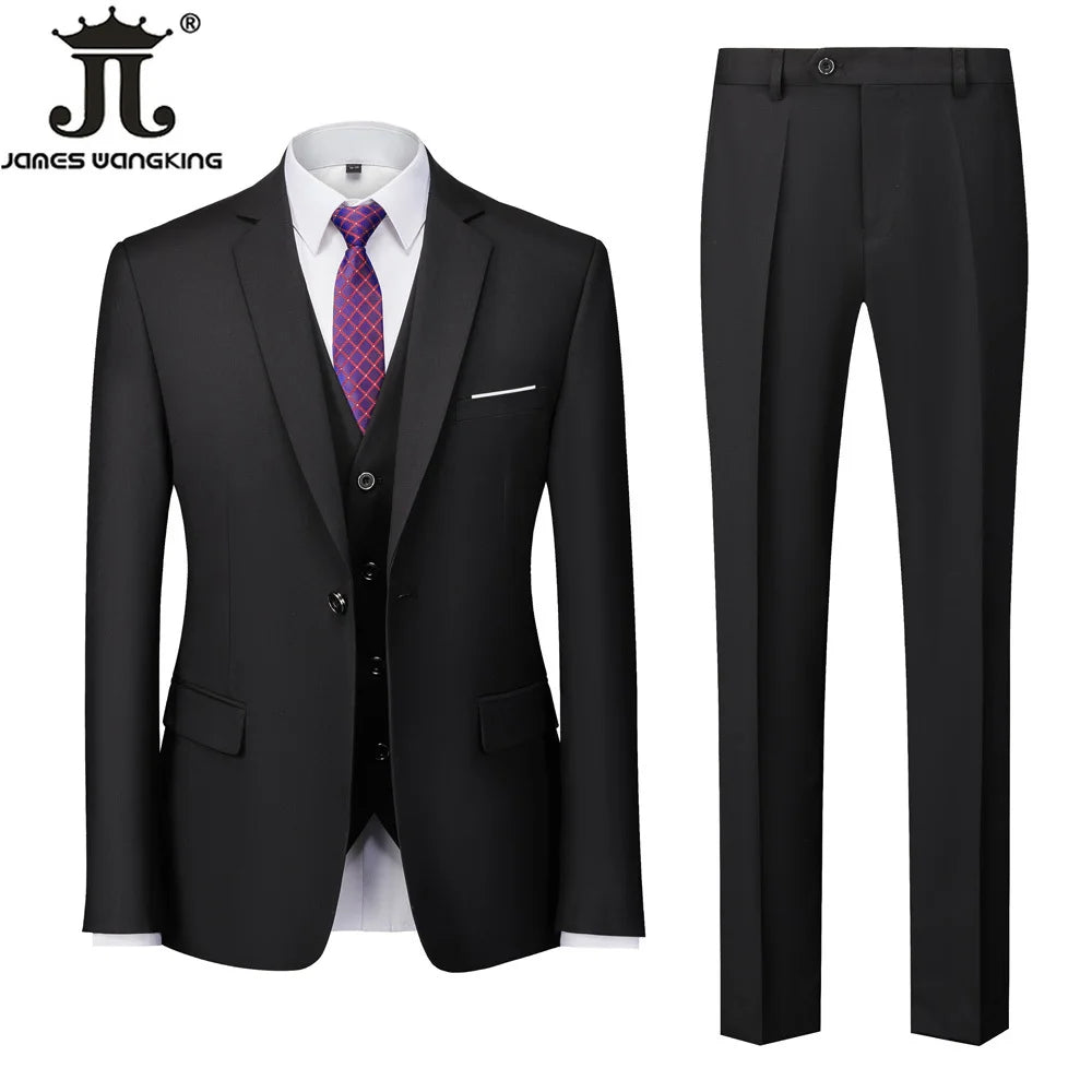 ( Jacket + Vest + Pants ) Boutique Solid Color Men's Official Business Suit Bride's Wedding Dress Party Male Suit