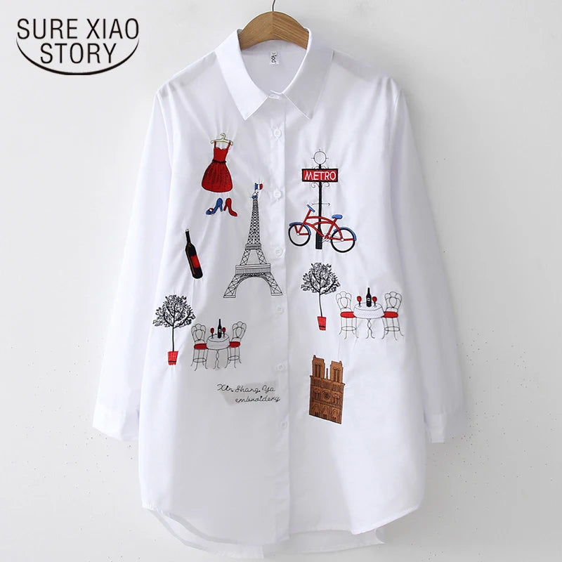 New White Shirt Casual Button Up Turn Down Collar Female Blouse Long Sleeve Cotton Blouse Embroidery Blouse Lady