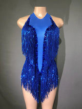 Sparkly Rhinestones Sequins Fringes Leotard Sexy Tassel Bodysuit One-piece Dance Costume Dancer Performance Show Stage Wear