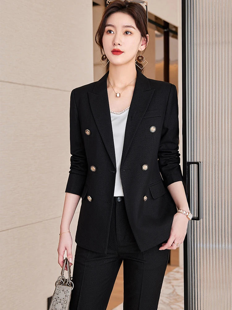 High Quality Women Navy Blue Black Pant Suit Female Button Decoration Blazer and Trouser 2 Piece Set For Office Ladies Work Wear