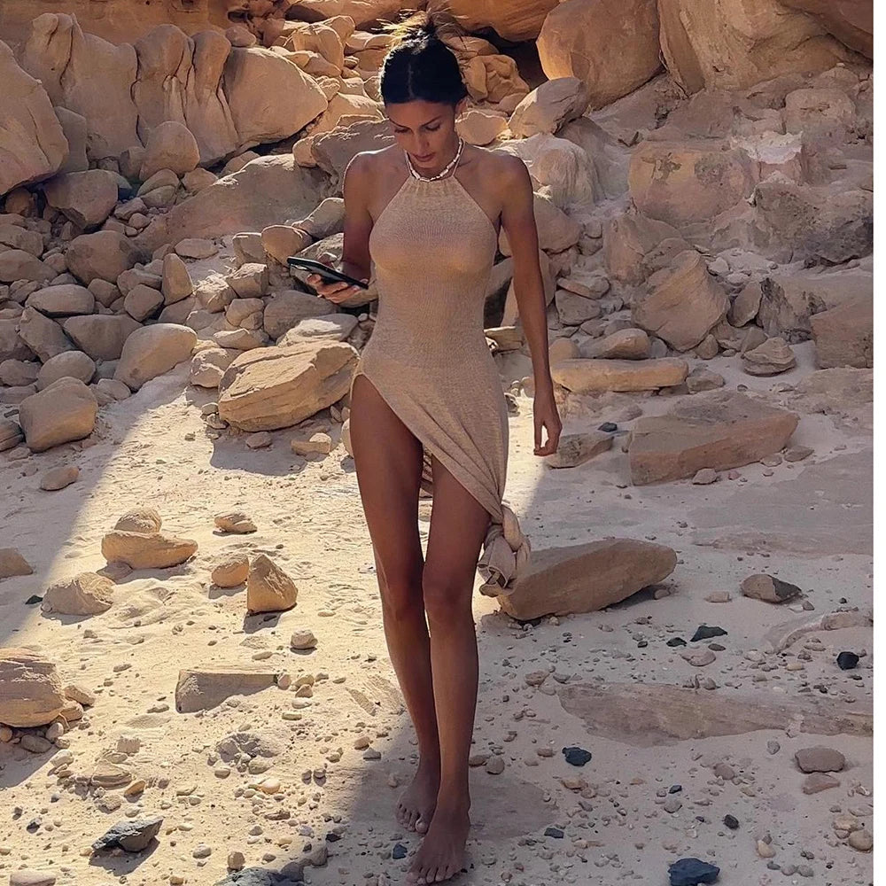 Knitted Cover Up Beach Sexy See-Through Maxi Slit Bodycon Summer Dress Bikinis Cover-ups  Elegant Halter Beach dress