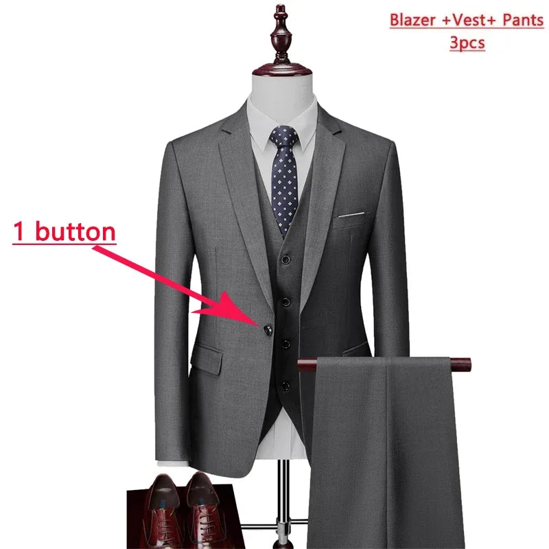 ( Jacket + Vest+Pants ) High-end Brand Formal Business Mens Suit Three-piece Groom Wedding Dress Solid Color Suit