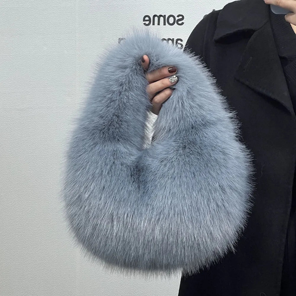 Luxury Soft Plush Half Moon Bag Faux Fur Fluffy Lady Handbags Female Winter Purse Party Clutch Bag Casual Tote Bag