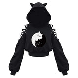 Y2k Gothic Womens Hoodie Cat Ear Crop Top Hooded Sweatshirt Hollow Out Lace Up Long Sleeve Hodded Casual Pullover Autumn