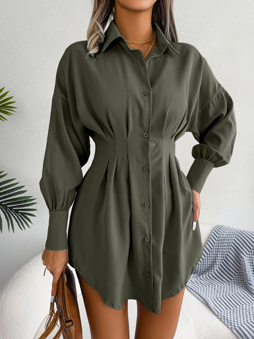 Women Casual Buttons Long Sleeve Shirt Dress Autumn Clothing White Blue Army Green