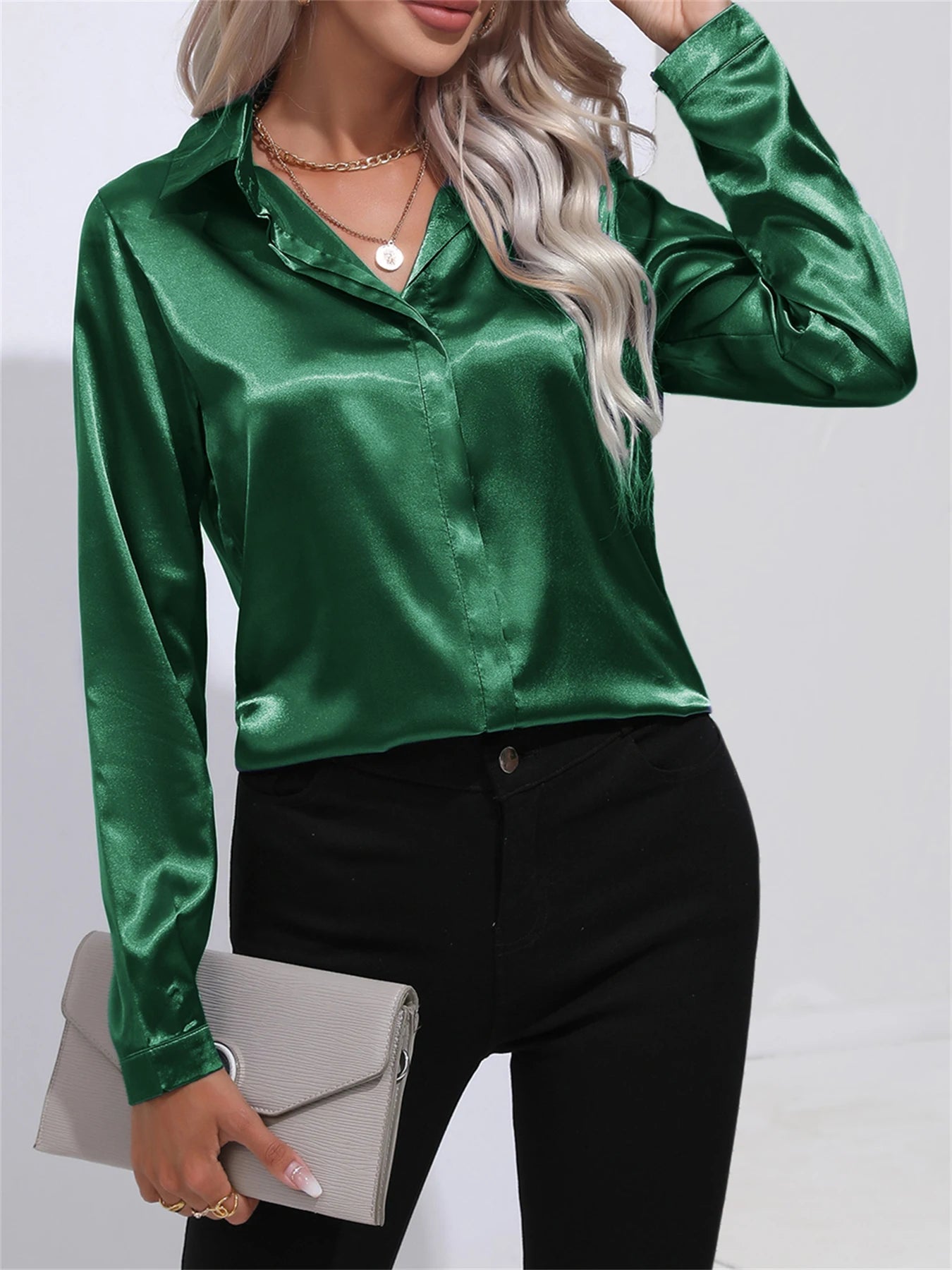 Elegant Turn-Down Collar One Button Satin Long Sleeve Shirt For Women Office Blouse