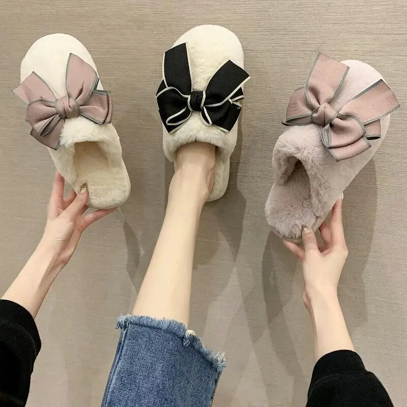 New Bow Cotton Slippers Women's Indoor Home Use Warm Thick Bottom Anti-slip Postpartum Slippers Women's Sweet Style