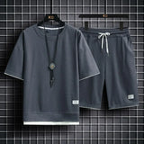 Men's new Waffle Summer Suit Casual T-shirt + Shorts Suit Men's Tracksuit Solid color tracksuit loose suit