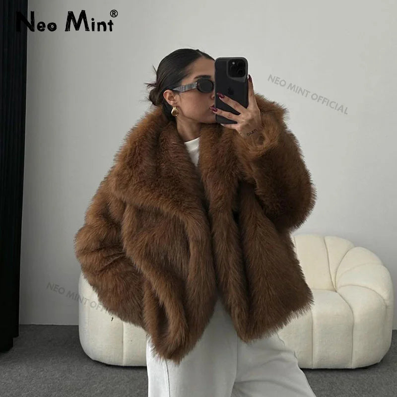 Neo Mint 2024 Winter Iconic Blogger Fashion Fluffy Square Collar Faux Fur Coat Women Ins Hot Chic Girls Fox Fur Jacket Outerwear