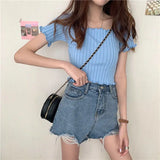 Off The Shoulder Top Women Knitted Sexy Short Sleeve Slim Fit T-Shirts Crop Top Y2k Top Summer Clothes Korean Casual Tees Female