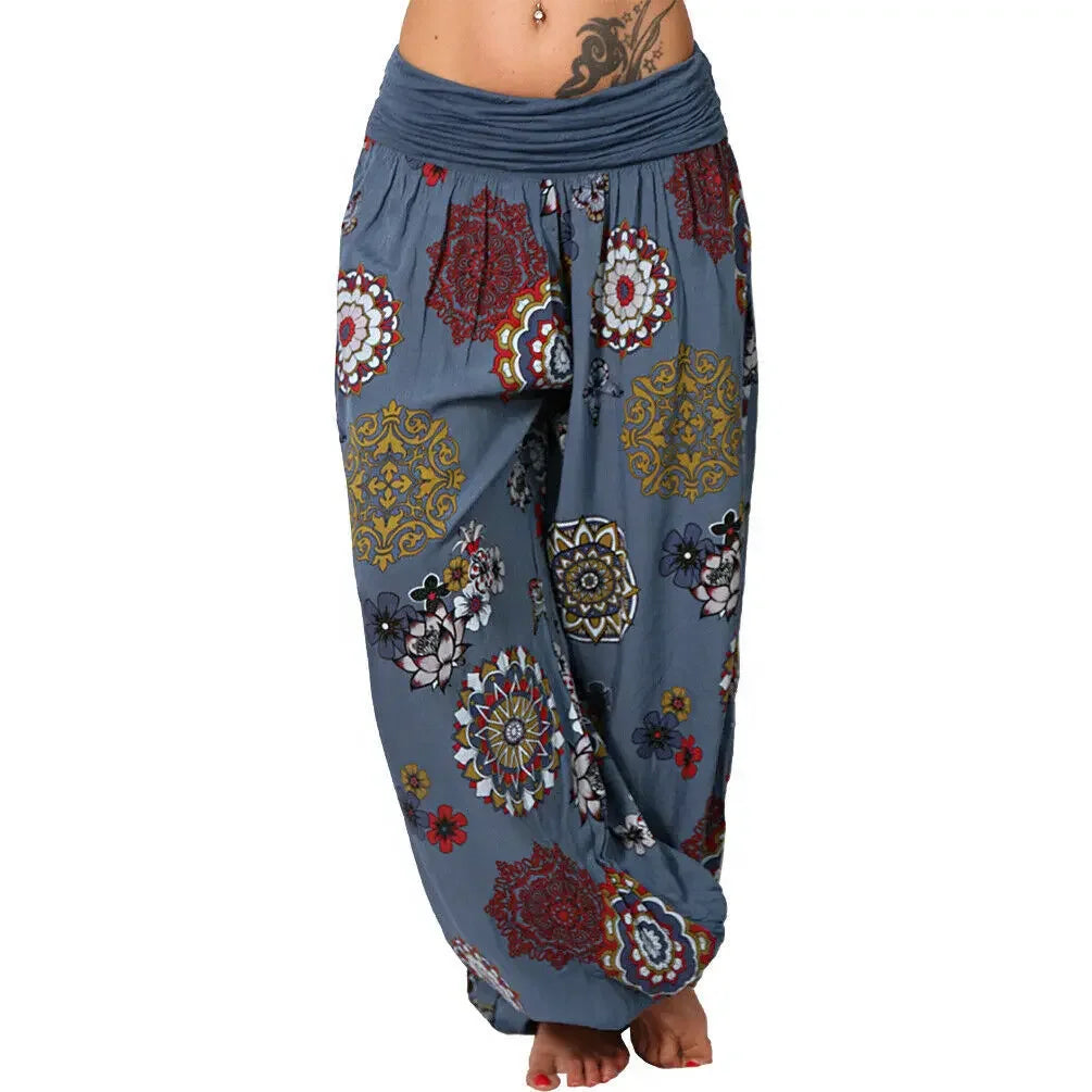 Summer Women's Fashion Floral Print Long Wide Leg Pants  Elastic Waist Haren Pants Casual Pants Haren Pants