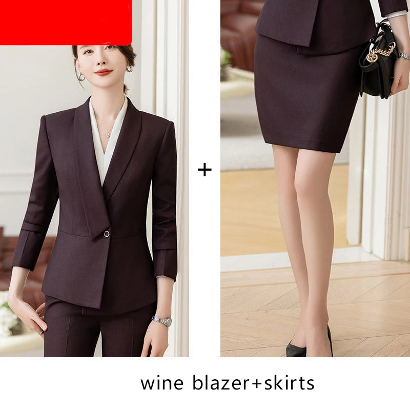 Formal Work Pants Suits Women New Korean Office Ladies Solid Slim Long Sleeve Blazer Pencil Pants Two Piece Set